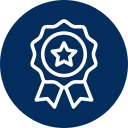 White award badge with star on blue background.