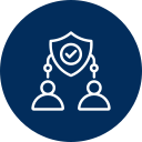 Two people connected to a shield with a checkmark, on a dark blue background.