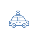 Blue line art of a police car with flashing lights on top.