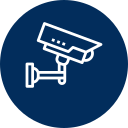 White security camera icon on a blue circle.