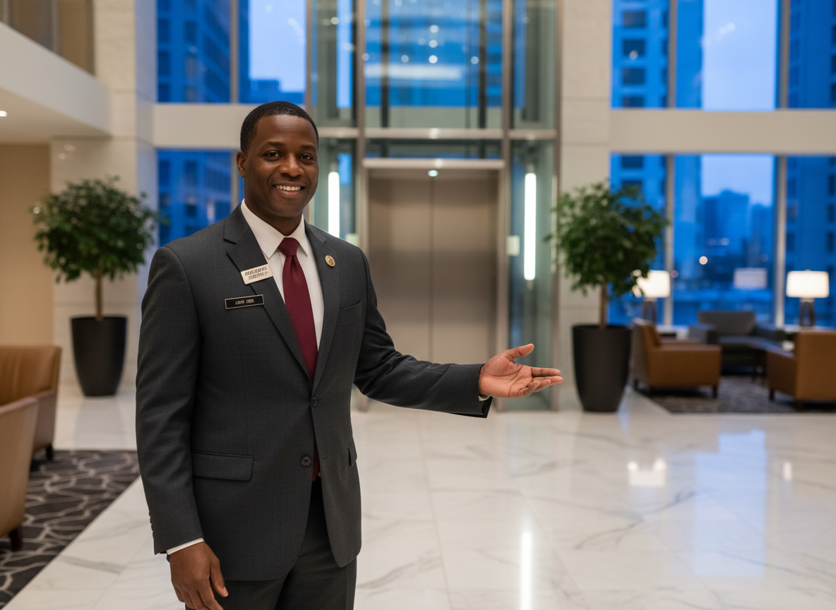 Man in suit gestures towards interior, smiling. Hotel lobby with marble floor, elevator, and potted plants.