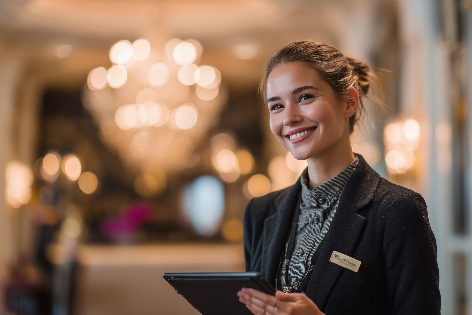 Woman in black blazer smiles, holding tablet in hotel lobby with chandelier.