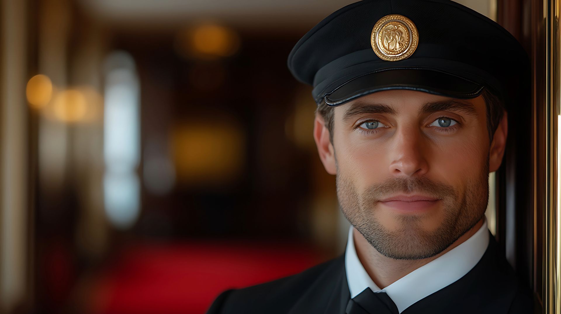Man in formal attire and hat, leaning in doorway, looking at the viewer.