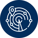 Radar screen with location pin and data points, within a blue circle.