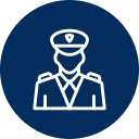 White outline of a person in a police uniform inside a blue circle.