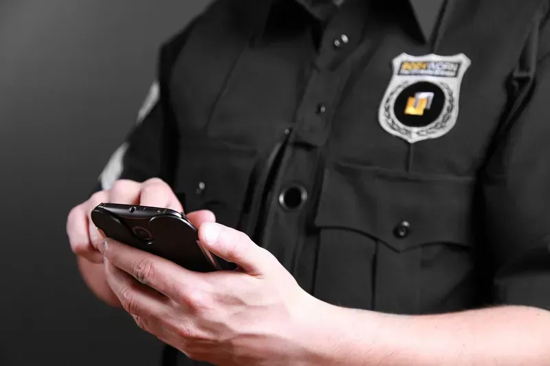 Security guard in black uniform using a smartphone.
