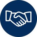 Two hands shaking inside a dark blue circle, representing agreement.
