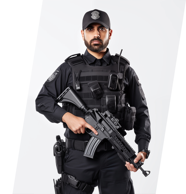 Man in tactical gear holding a rifle, looking forward with a serious expression.