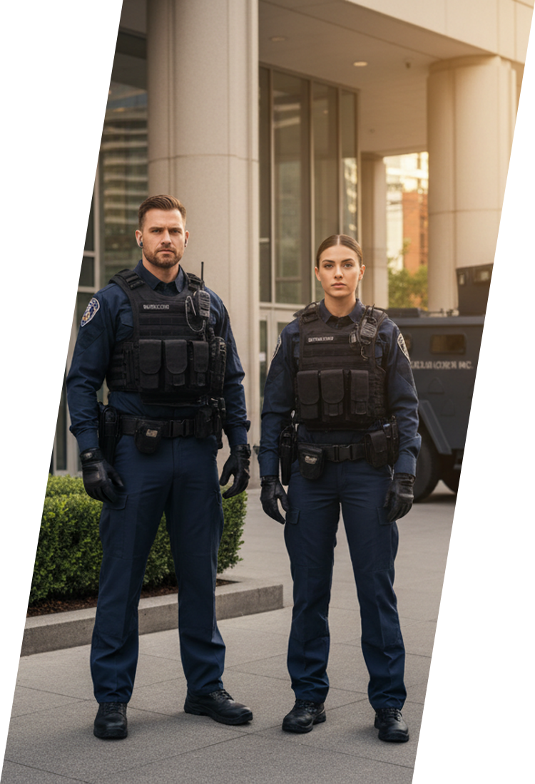 Two uniformed police officers stand outside a building, wearing tactical vests.