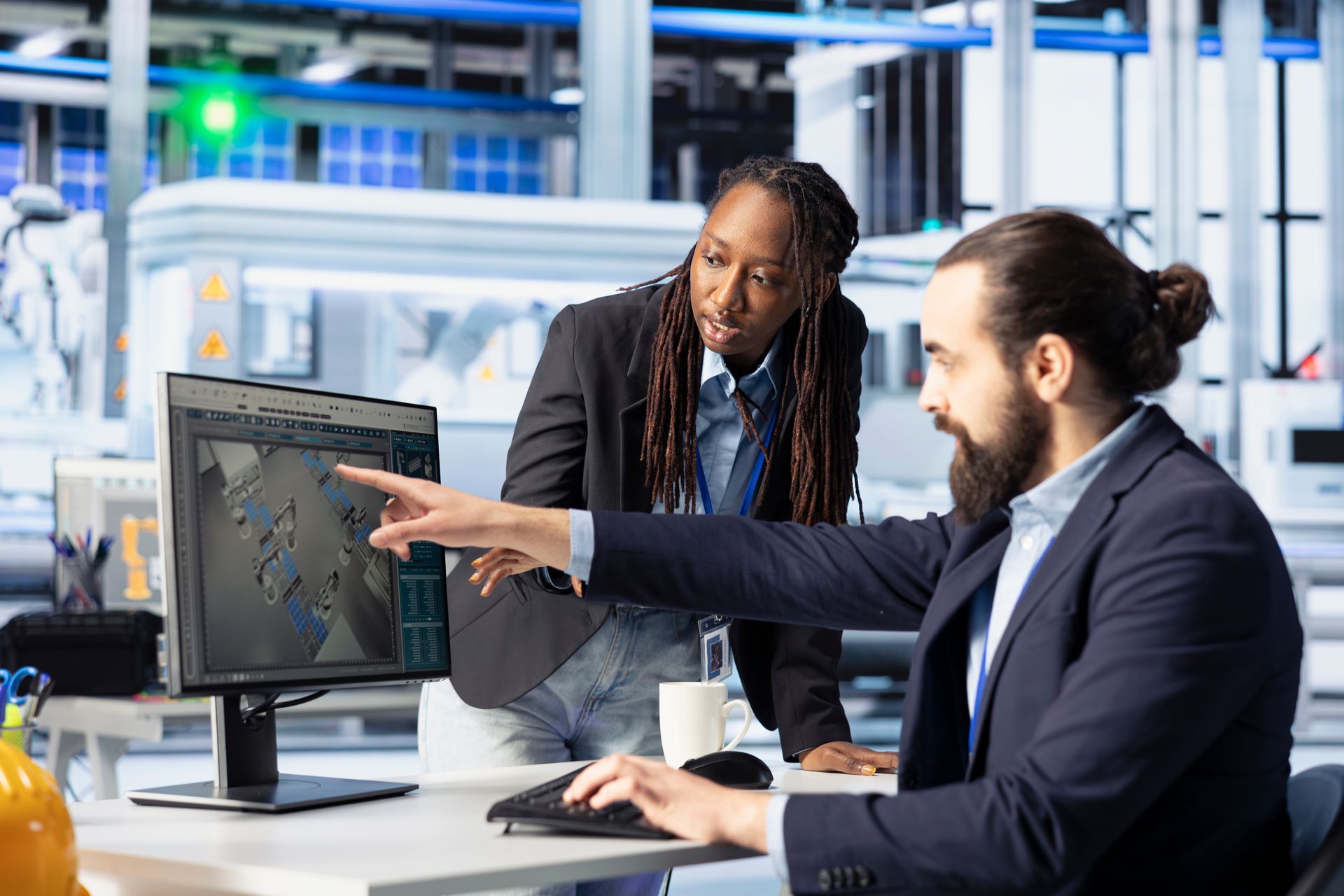 Two people look at a computer screen in a lab. Man points at the screen, woman watches.