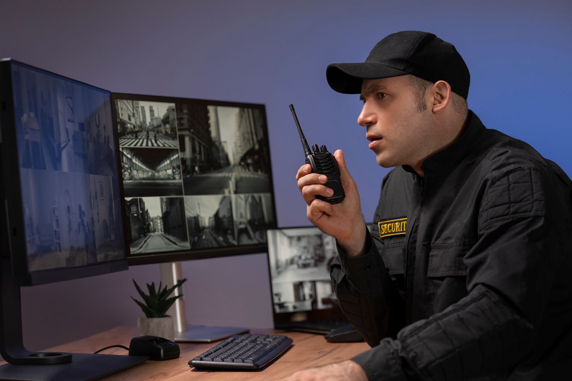 Security guard monitoring surveillance screens, holding a radio, looking concerned.