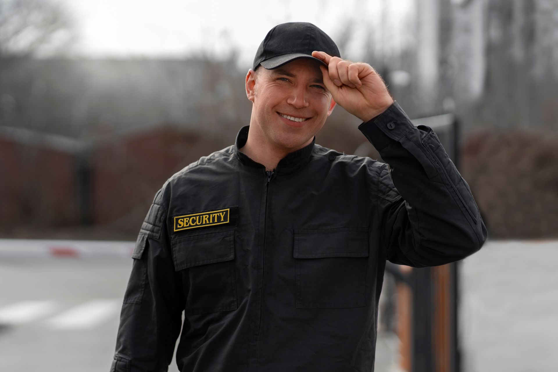Police officer in black uniform and cap, tipping hat, smiling.