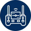 White outline of a remote control with antennas, screen, and buttons on a blue circle.