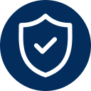 White shield with check mark inside a blue circle.