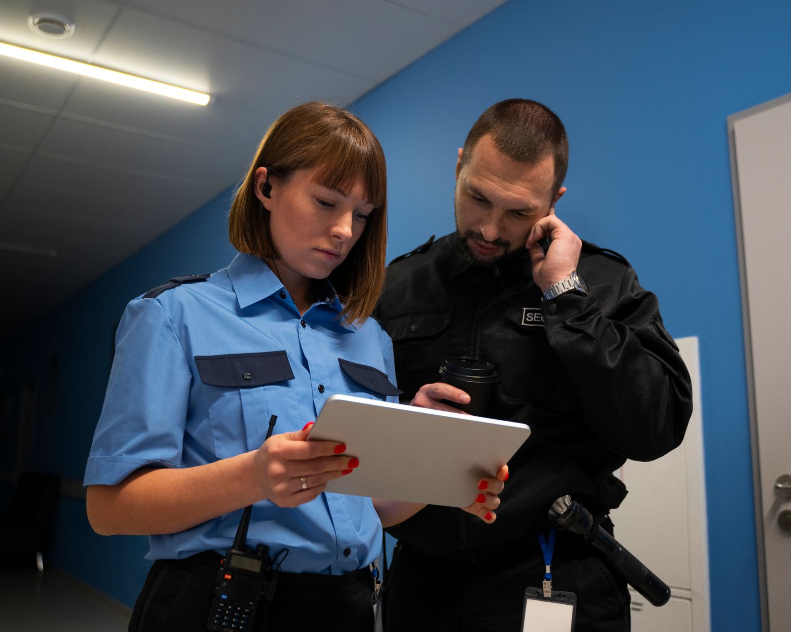 Two security personnel in uniforms looking at a tablet in a hallway.