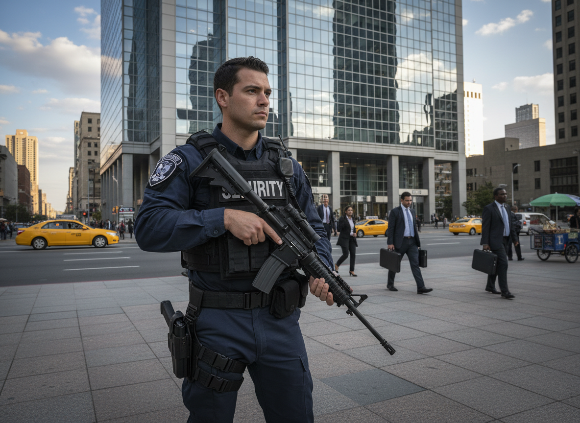 Security guard with rifle stands on city street, tall glass buildings in background, pedestrians.