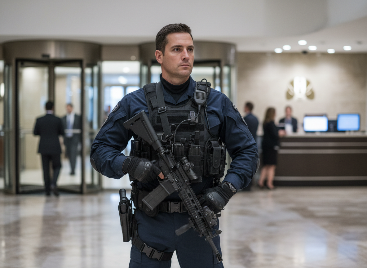 Armed security guard stands inside an office building, surveying the lobby.