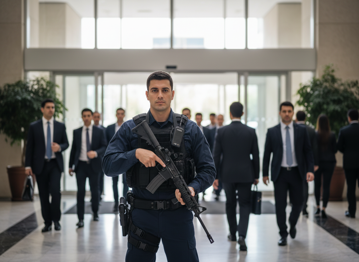 Armed security guard stands in a lobby with suited figures walking behind him.