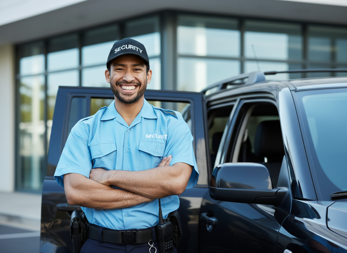 Security guard in uniform with arms crossed, smiling. Stands next to an open car door, building in background.