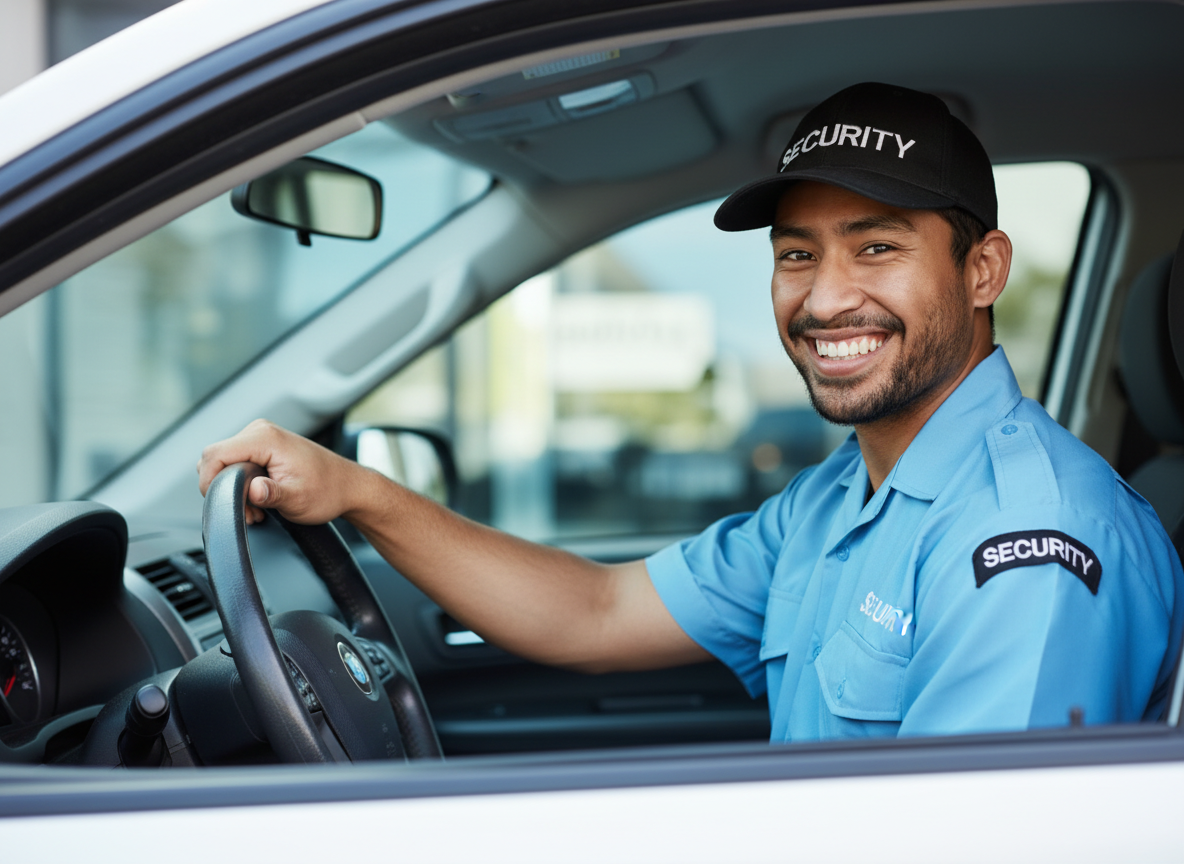 Security guard in a car, wearing a uniform and hat, smiling at the camera.