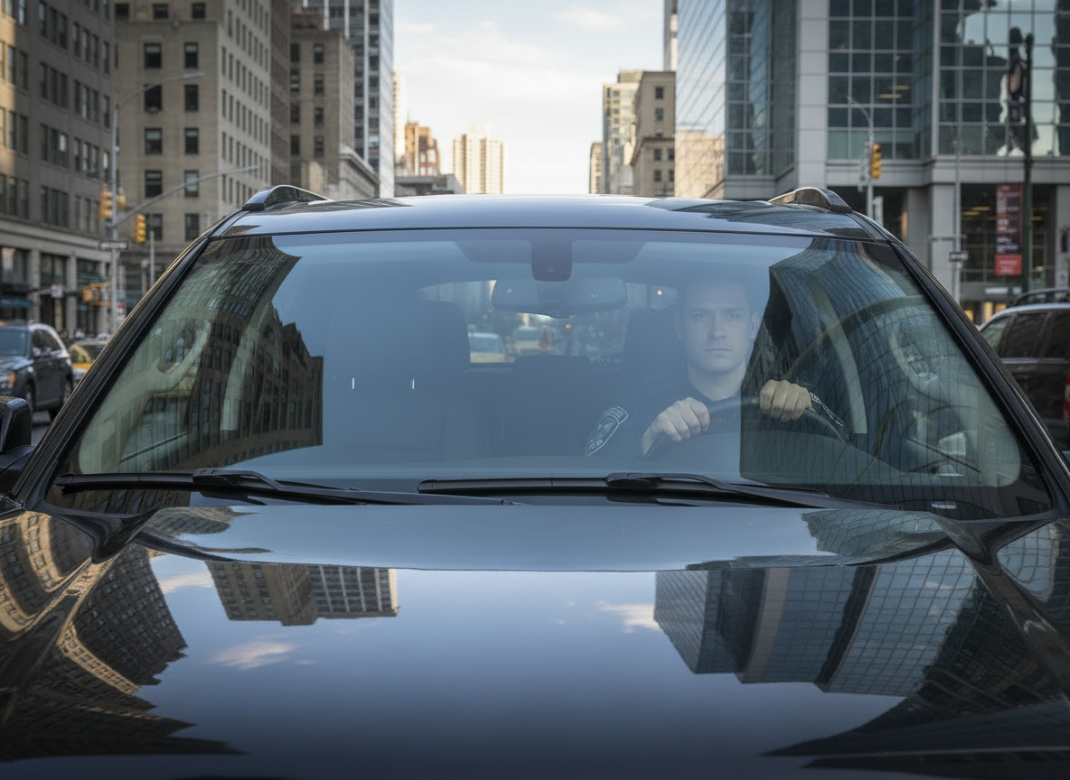 Black car with driver, city backdrop. Buildings reflected on the hood and windshield.