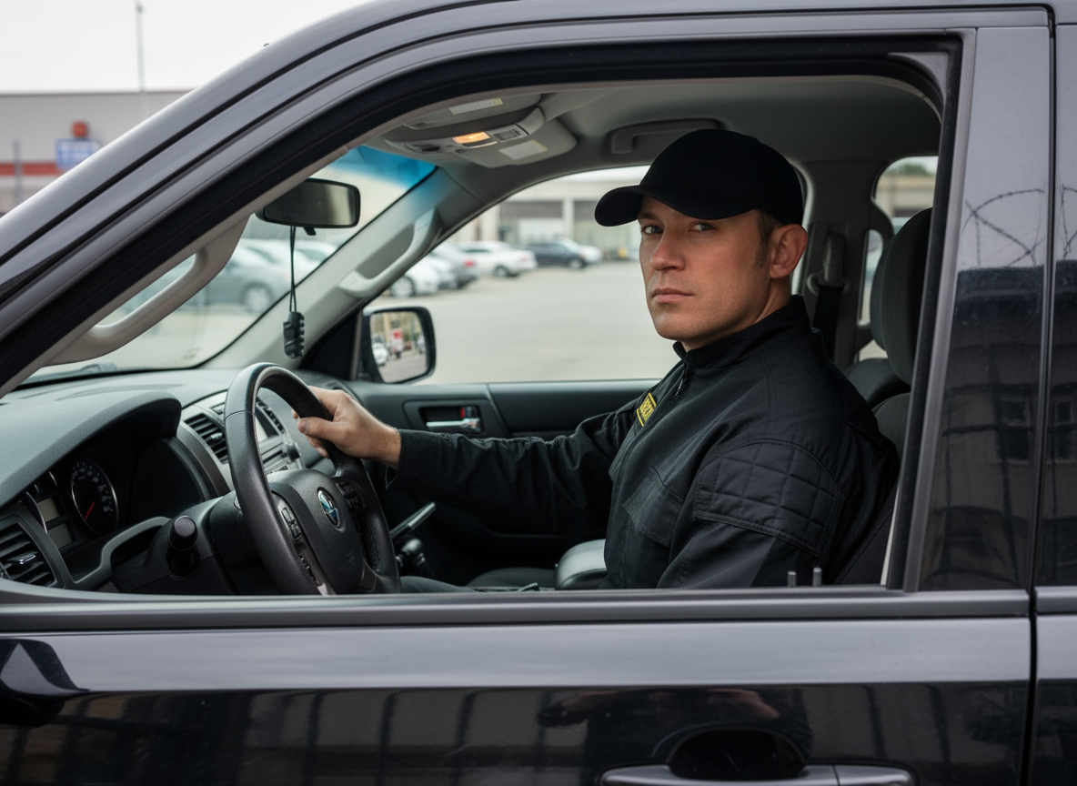Man in black cap and jacket, driving a black SUV, looking forward with serious expression.