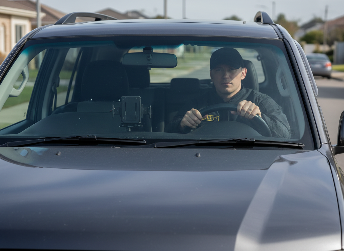 Man driving a dark SUV on a residential street, wearing a black cap.