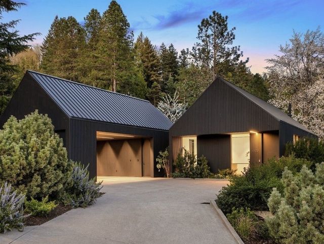 Contemporary modern black house with garage, set in wooded area, surrounded by greenery and a concrete driveway.