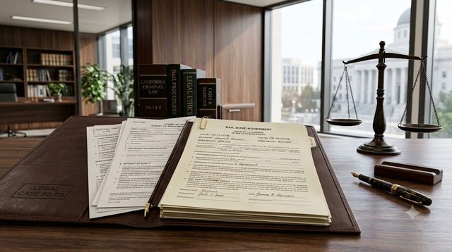 Open legal ledger on desk with scales, gavel, and books in an office setting