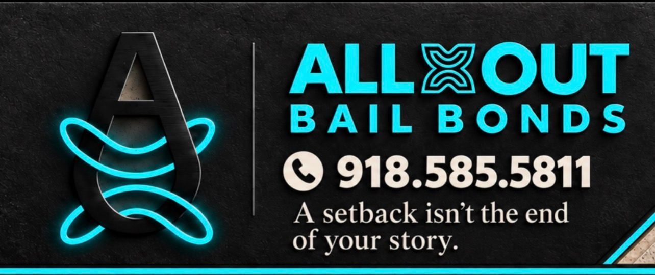 All Out Bail Bonds logo with black and cyan stylized figure and text on a gray background