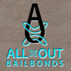 All Out Bail Bonds logo with black and cyan stylized figure and text on a gray background