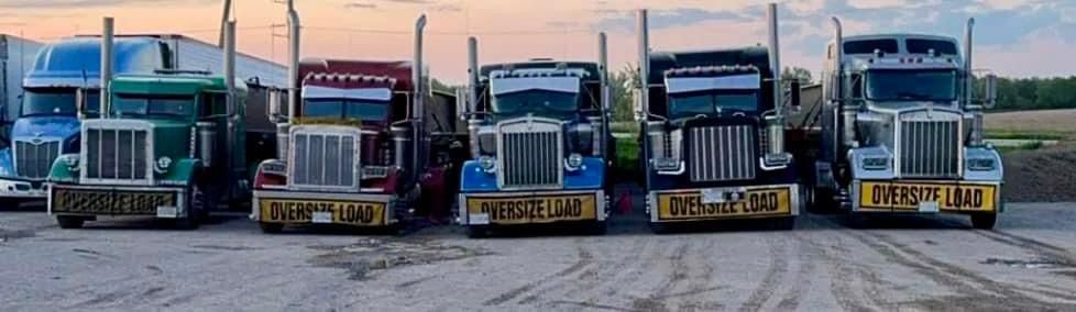 A row of semi trucks parked next to each other on a dirt road.