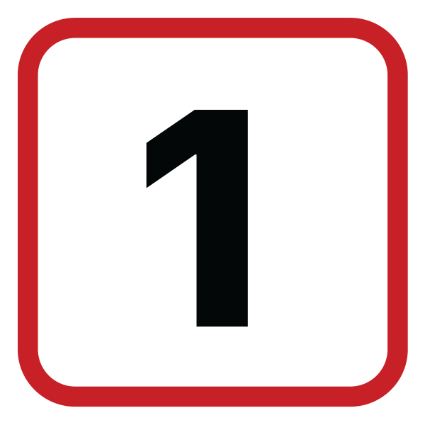 Black number one in white square with red border.