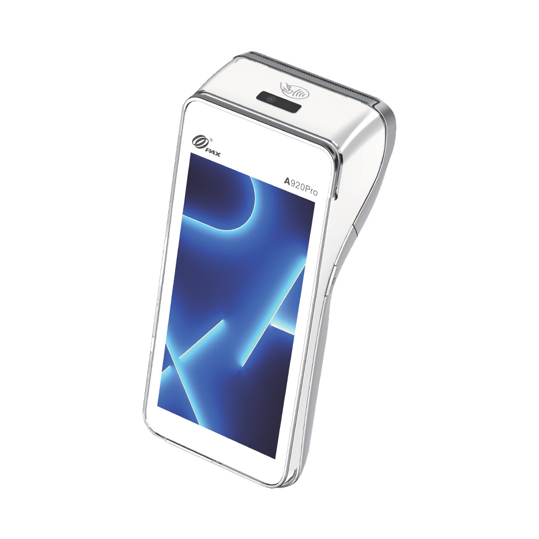 White and silver handheld payment terminal with a bright blue screen.