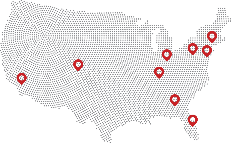 Map of the United States with red location markers across the country.