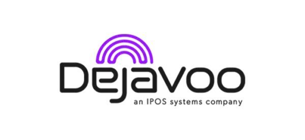 DejaVoo logo: Purple arch above black text,