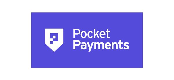 Pocket Payments logo: white shield icon with blue square in a blue box. Text