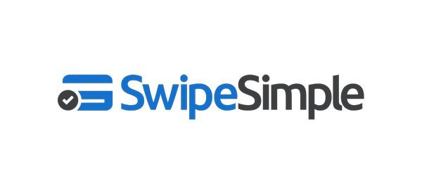 SwipeSimple logo: Blue credit card icon with check mark, and black text