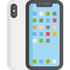 White smartphone, front view shows a blue screen with colorful app icons. Back shows the camera and flash.
