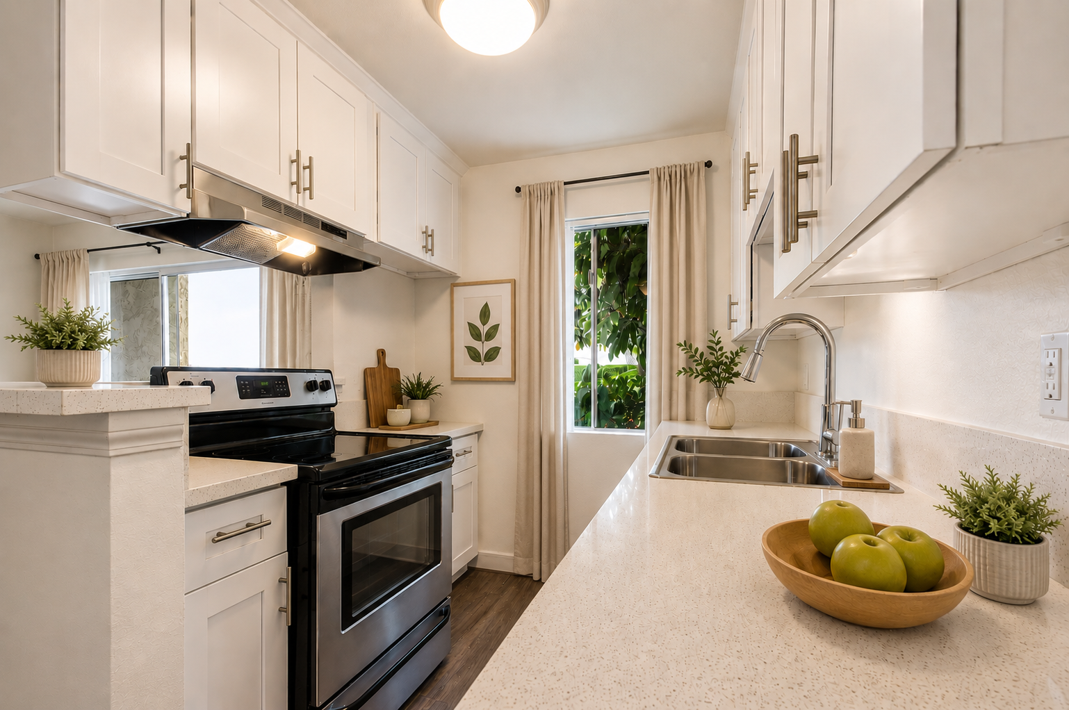Bright white kitchen with stainless steel stove, countertop fruit bowl, and greenery by the window