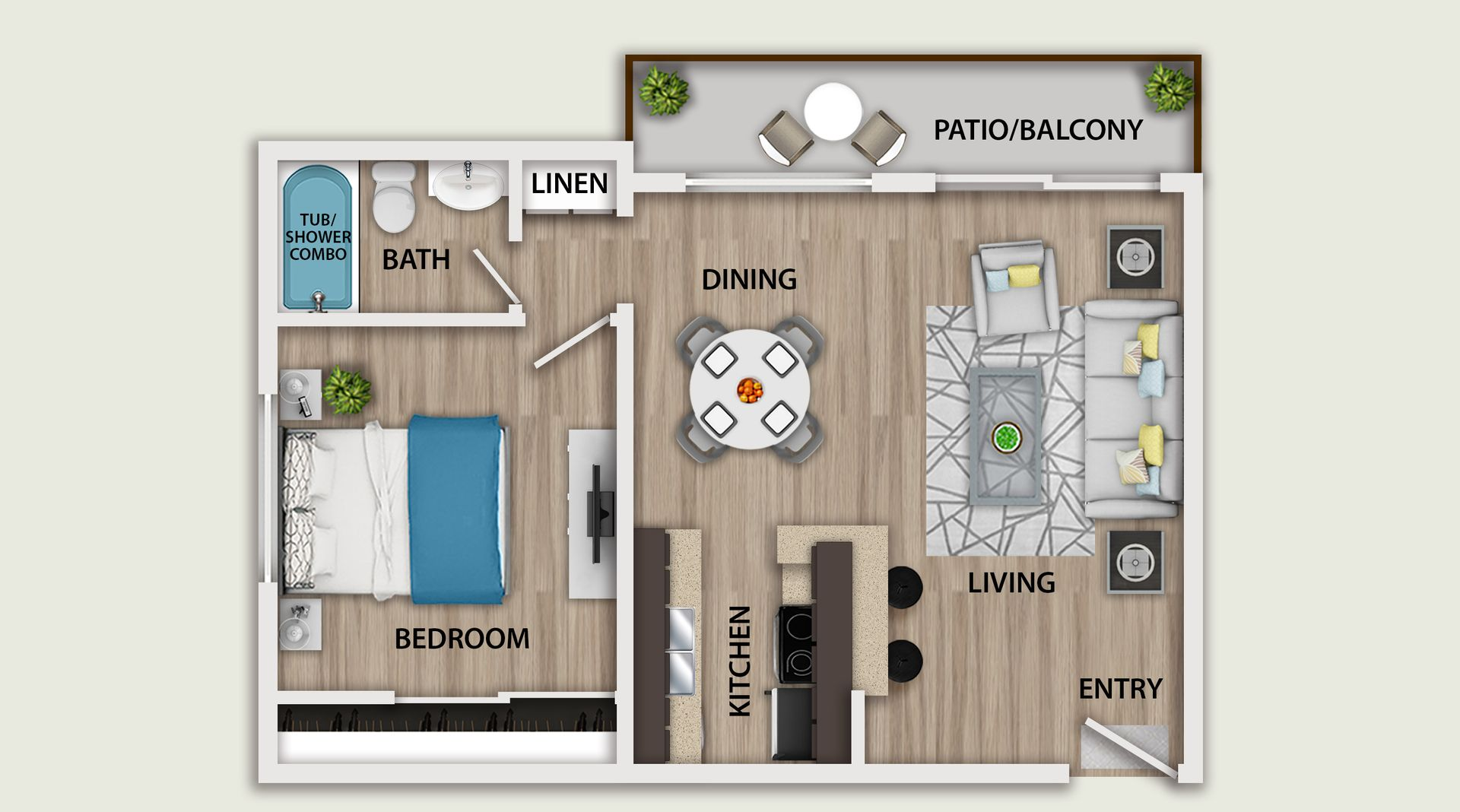 Top-down view of a small two-story apartment floor plan with bedroom, kitchen, bathroom, living area, and balcony.