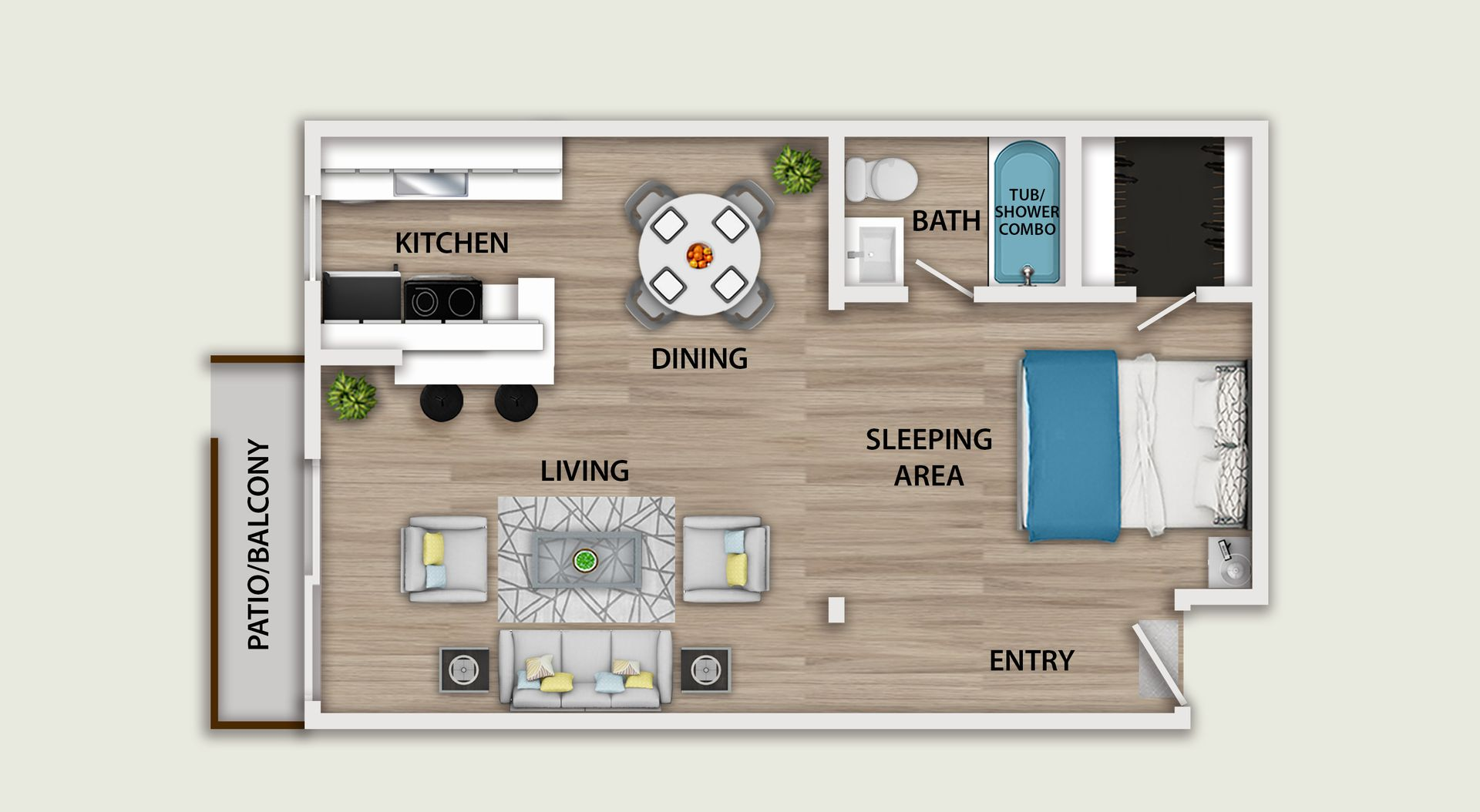 3D floor plan of a small loft apartment with kitchen, dining, living, and bedroom areas