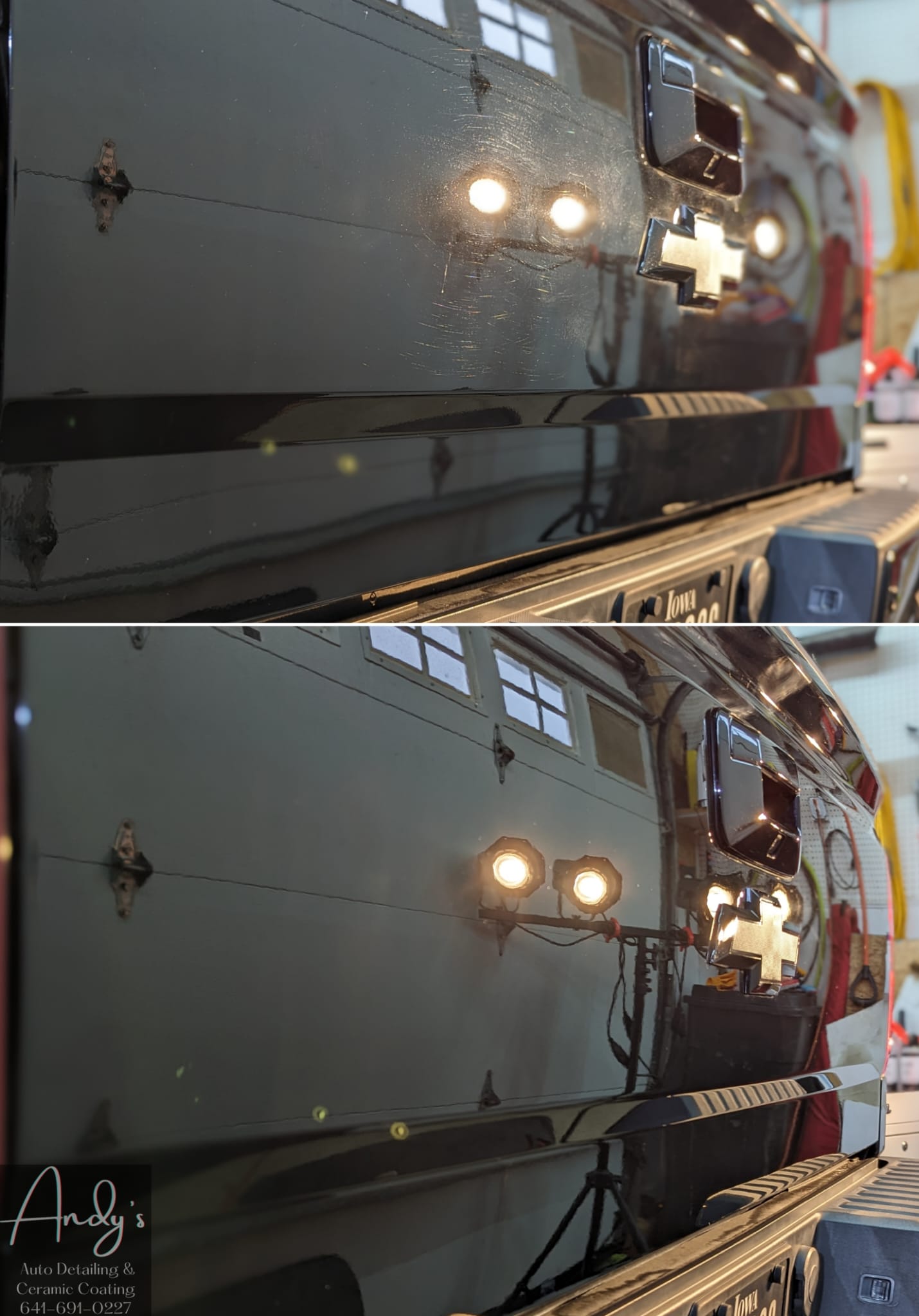 A black truck is parked in a garage next to a garage door - Paint Correction
