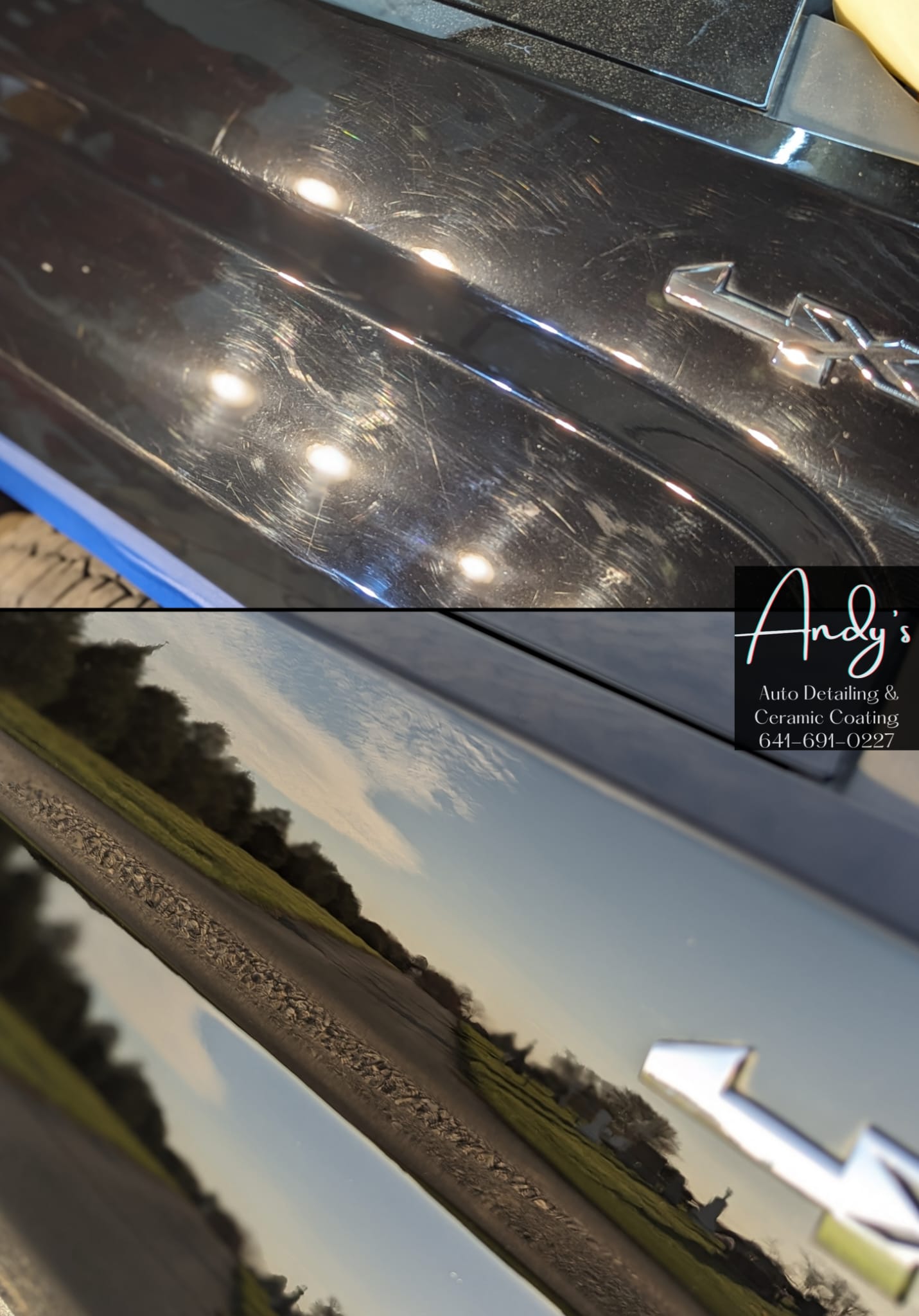 A before and after photo of a black car - Paint Correction