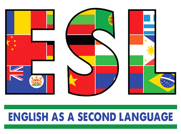 A logo for english as a second language with flags on it
