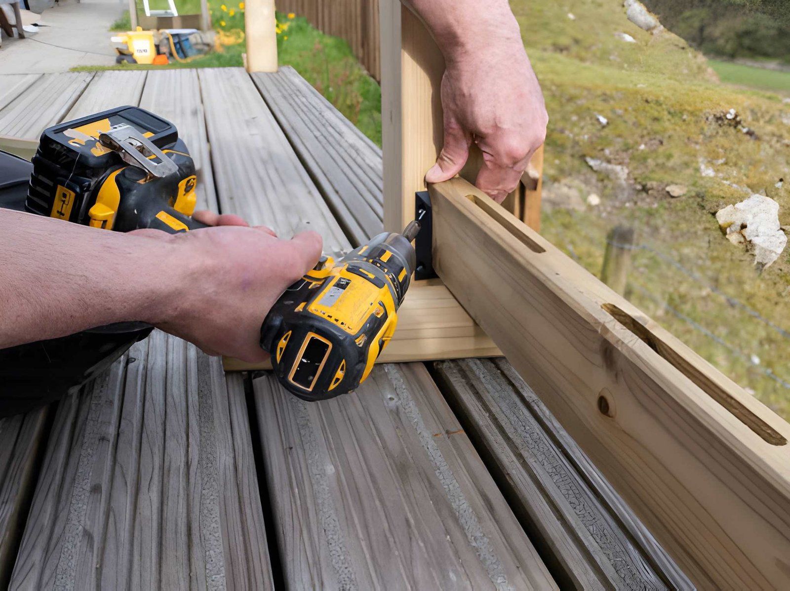 Hands using a yellow cordless drill to fasten wooden deck boards beside a railing outdoors