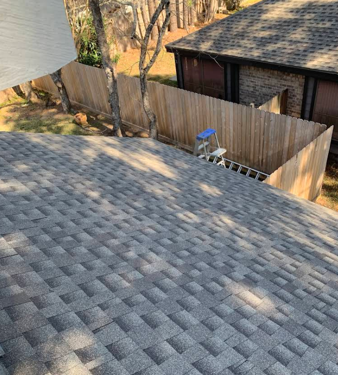 A view from a grey shingled roof looking down at a wooden fence, trees, and a neighboring house with a ladder leaning against it.