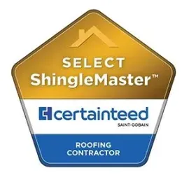 Gold, white, and blue pentagonal CertainTeed SELECT ShingleMaster roofing contractor badge.