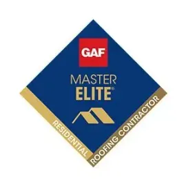 A diamond-shaped GAF Master Elite Residential Roofing Contractor logo in navy blue, red, and gold.