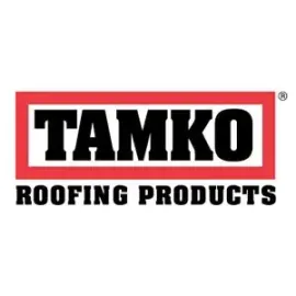 Logo for TAMKO Roofing Products featuring the black brand name inside a red rectangle with text below.